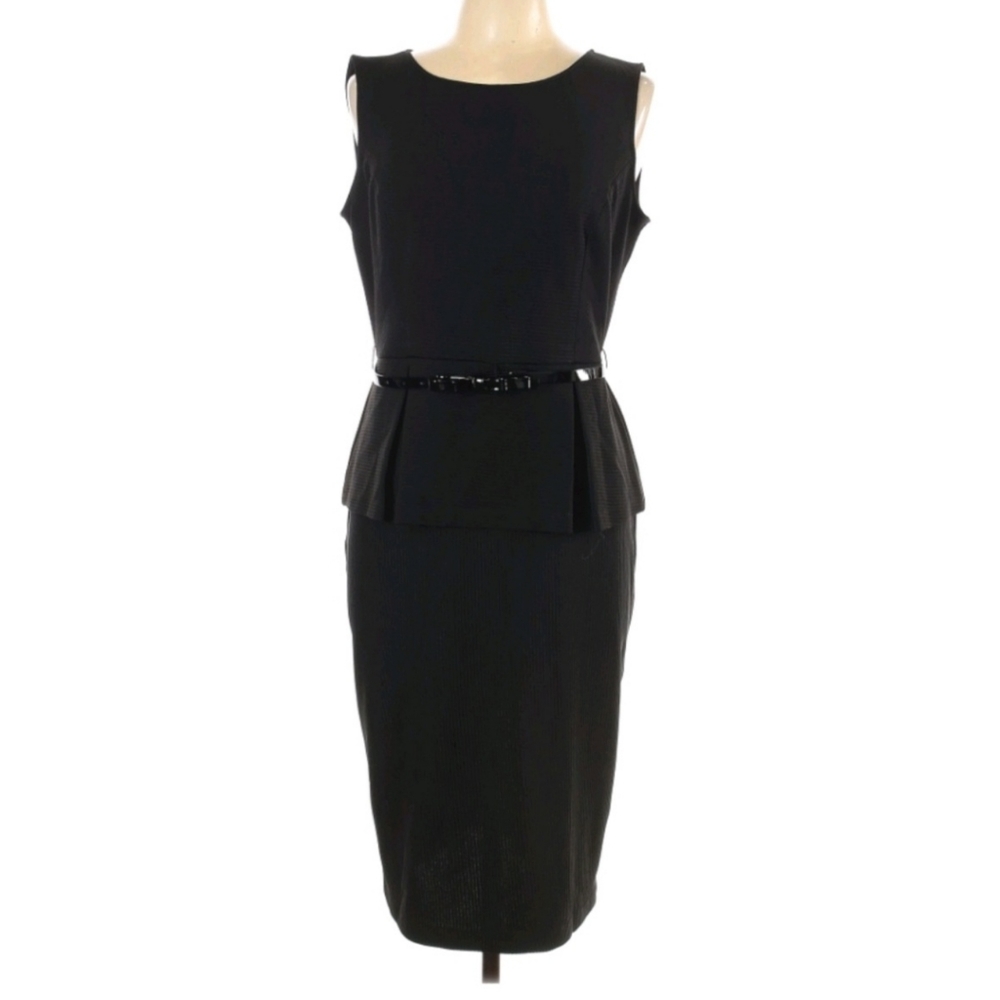 SOLD--Elle Black Peplum Belted Cocktail Dress in size 12 Knee Length